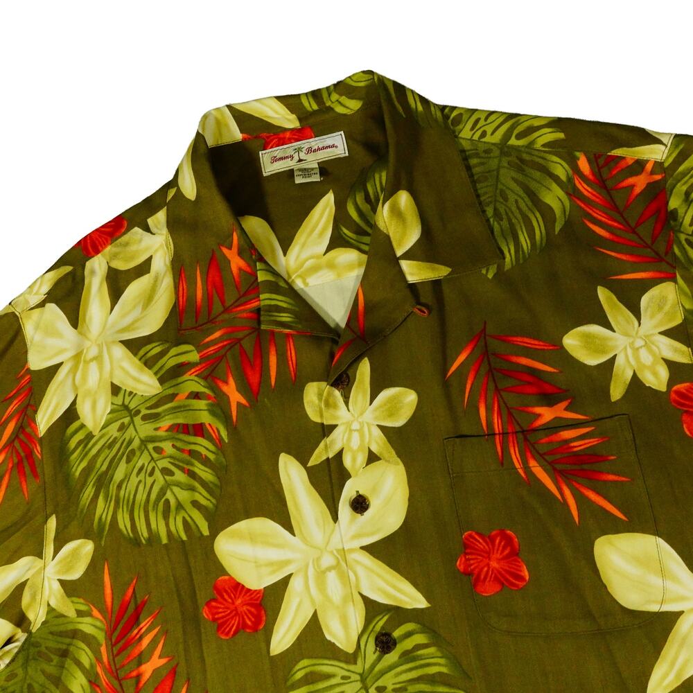 Tommy Bahama Silk Green Floral Hawaiian Button Up Tropical Camp Shirt Large